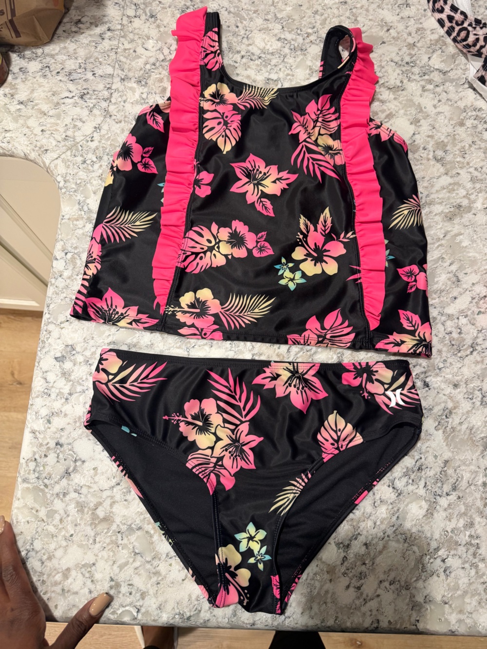 Hurley Black Bikini Set with Hot Pink Ruffle and Tropical Print